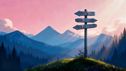 Dawn Path Crossroads: Mountain Signpost with Pink Sky and Sun Rays