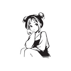 Beautiful Kawaii Girl Black and White Vector Illustration in Cute Simple Line Art Style