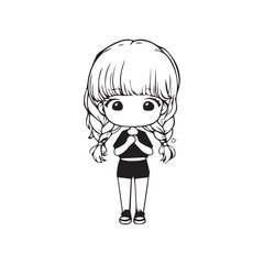 Beautiful Kawaii Girl Black and White Vector Illustration in Cute Simple Line Art Style