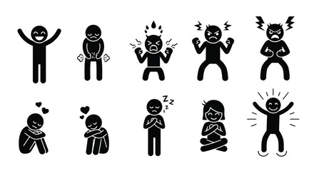 Expressive stick figures depict diverse emotions from joy to anger and love