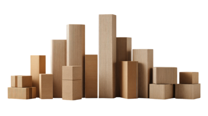 Isolated wooden building blocks on a white background: a stack of brown cubes for a construction toy puzzle