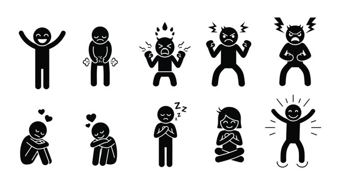 Expressive stick figures depict diverse emotions from joy to anger and love