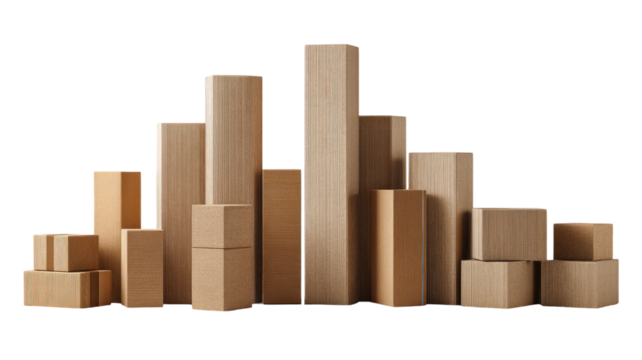 Isolated wooden building blocks on a white background: a stack of brown cubes for a construction toy puzzle