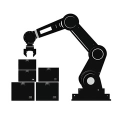 Illustration of a Robotic Arm Lifting Black Boxes on a White Background