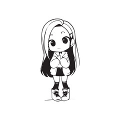 Beautiful Kawaii Girl Black and White Vector Illustration in Cute Simple Line Art Style
