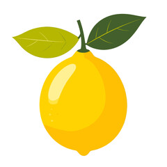 Vibrant Yellow Lemon with Green Leaves on White Background Graphic Illustration