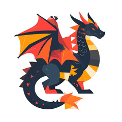 Stylized Dragon with Vibrant Red Orange and Black Scales on White Background