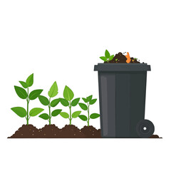 Decomposing Organic Waste in Black Container Beside Seedling Plants Growing on Soil in White Background
