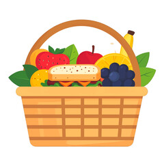 Wicker Basket Filled with Fresh Assorted Fruits Sandwich and Green Leaves in Bright Lighting Flat Vector Illustration
