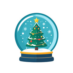 Festive Christmas Snow Globe with Green Tree Golden Star and Falling Snowflakes Isolated on White Background Pixel Art Style