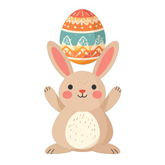 Tan Bunny with Rosy Cheeks Holding Up a Decorated Easter Egg on a White Background