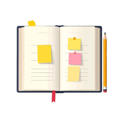 Open Notebook with Yellow and Pink Sticky Notes and Pencil Illustration for Organization and Planning Concept