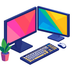 Isometric View of Two Colorful Monitors with Keyboard Mouse and Plant on White Background