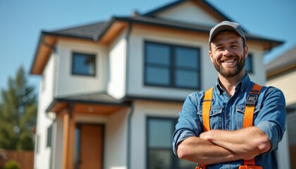 Smiling man in blue shirt and orange vest stands by modern house. He wears a cap, arms crossed, looking at camera. Person appears happy and ready for work.
