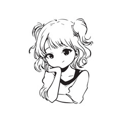 Beautiful Kawaii Girl Black and White Vector Illustration in Cute Simple Line Art Style