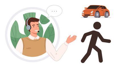 Male support agent with headset speaking, eco-leaves symbol in background, person walking, orange car above. Ideal for communication, sustainability, customer support, transport, service connection
