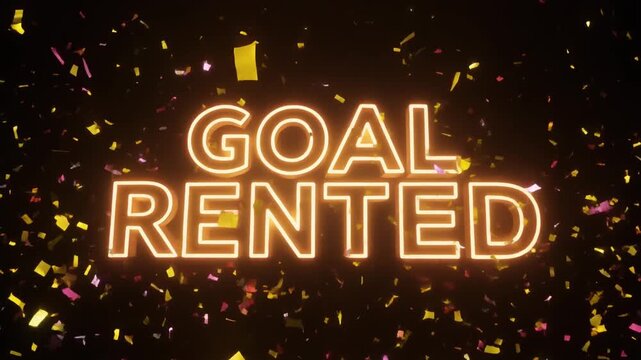 Dynamic celebration with golden confetti falling on glowing 3D text, evoking achievement and success in a triumphant moment