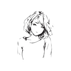 Beautiful Kawaii Girl Black and White Vector Illustration in Cute Simple Line Art Style