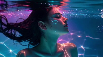 A woman's profile submerged in water, illuminated by colorful light, serene and dreamlike - Powered by Adobe