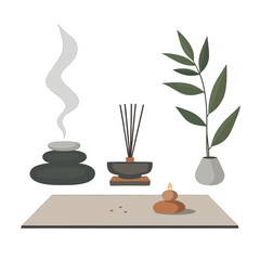 Pixel Art Still Life with Stones Diffuser Candle and Plant Against White Backdrop