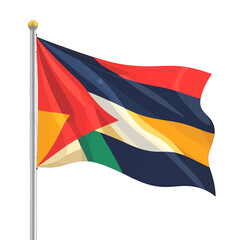 Waving Abstract Flag with Geometric Shapes and Bold Colors on White Background, Animated Style, Stripes of Green, Yellow, Red, Navy