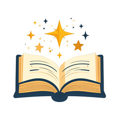 Open Book with Golden Stars and Blue Details on White Background