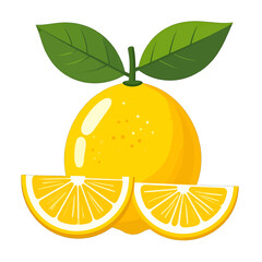 Vibrant Yellow Lemon with Green Leaves and Sliced Citrus Fruits on White Background