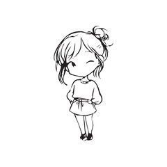 Beautiful Kawaii Girl Black and White Vector Illustration in Cute Simple Line Art Style