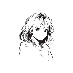 Beautiful Kawaii Girl Black and White Vector Illustration in Cute Simple Line Art Style