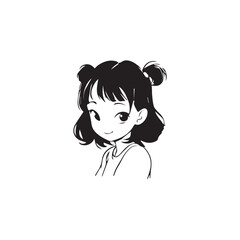 Beautiful Kawaii Girl Black and White Vector Illustration in Cute Simple Line Art Style