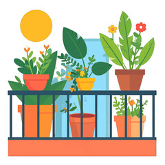 Plants in Flowerpots on Balcony with Yellow Sun and Blue Door Flat Vector Illustration