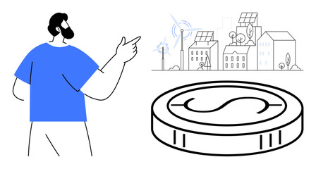 Man gesturing to eco-friendly buildings with solar panels, wind turbines, and greenery. Large coin symbolizing sustainable finance and eco-conscious investments. Ideal for sustainability, renewable