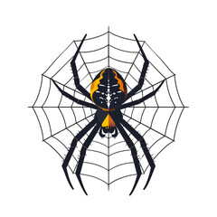 Dark Spider on Web with Yellow Markings and Black Legs on White Background