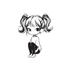 Beautiful Kawaii Girl Black and White Vector Illustration in Cute Simple Line Art Style