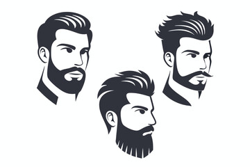 Three stylish bearded Caucasian men display different dark hairstyles in a design
