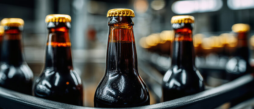 Bottles of dark beverage with golden caps arranged on a production line in a brewery - Powered by Adobe