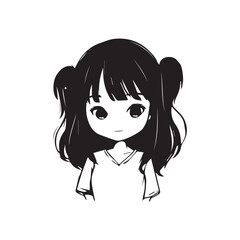 Beautiful Kawaii Girl Black and White Vector Illustration in Cute Simple Line Art Style