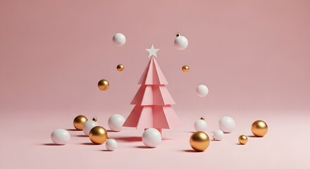 Modern minimalist pink christmas tree surrounded by floating and scattered ornaments on a soft pink background