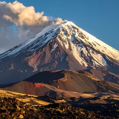 A majestic snow-capped mountain dominates the scene with its cone shape. Sunlight bathes its peak and slopes, against a blue sky