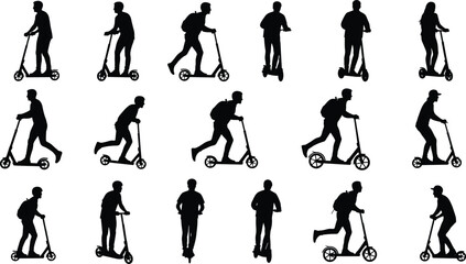 Silhouette collection of people riding scooters in various poses, active urban commuters, lifestyle transportation illustrations for modern mobility and design projects.