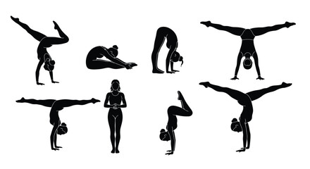 Elegant female silhouettes demonstrate dynamic yoga and fitness poses