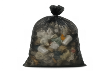 Black plastic garbage bag tied at top, containing various household waste, symbolizing pollution and disposal issues