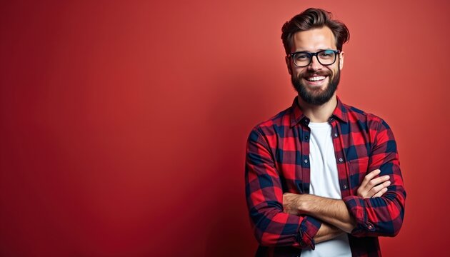 Young bearded man with glasses and plaid shirt smiles confidently. He stands with crossed arms against a solid red background. He looks directly at the camera with a friendly expression.