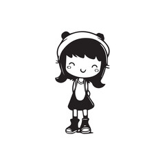 Beautiful Kawaii Girl Black and White Vector Illustration in Cute Simple Line Art Style