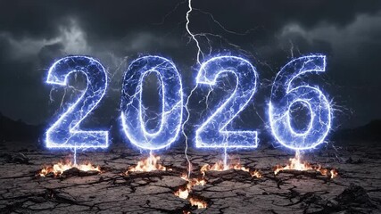 storm-charged 2026 on cracked earth with lightning pillars and ground fires, blue neon digits stand amid scorched landscape, cinematic disaster teaser, atmospheric smoke and embers. - Powered by Adobe