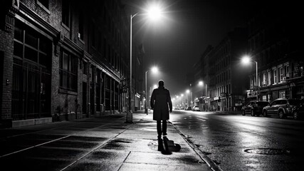 Man walking alone on a wet street at night under streetlights.
