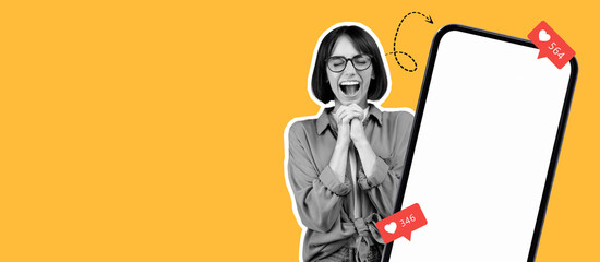 A joyful person expresses happiness while celebrating the likes received on their phone. The bright yellow background enhances the feeling of excitement in this lively collection.