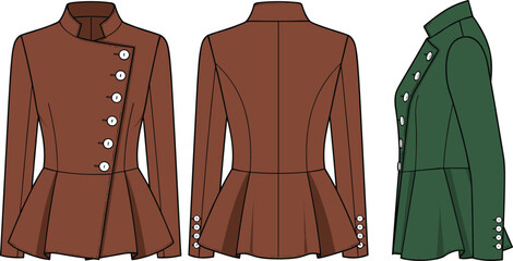 Vector illustration of women tailored jacket, front back and side view, technical flat sketch, asymmetric button closure, stand collar, peplum waist, fashion design template.