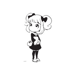 Beautiful Kawaii Girl Black and White Vector Illustration in Cute Simple Line Art Style