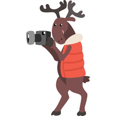 Cartoon reindeer in an orange puffer vest holding a vintage camera in front of a transparent background